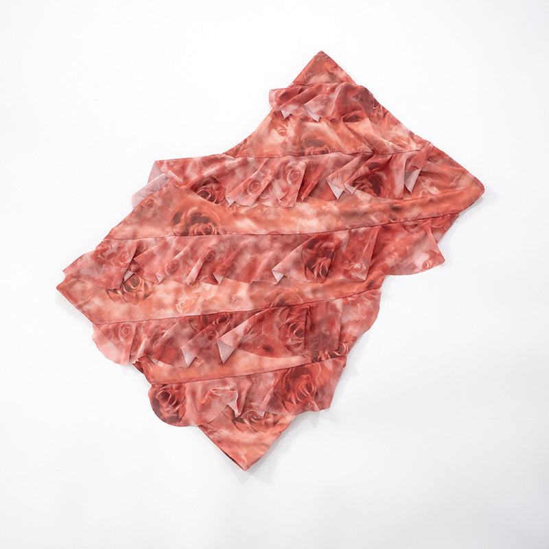 Women's Spring/Summer Flounce Mesh Strapless Mini Rose Print Bodycon Dress 21