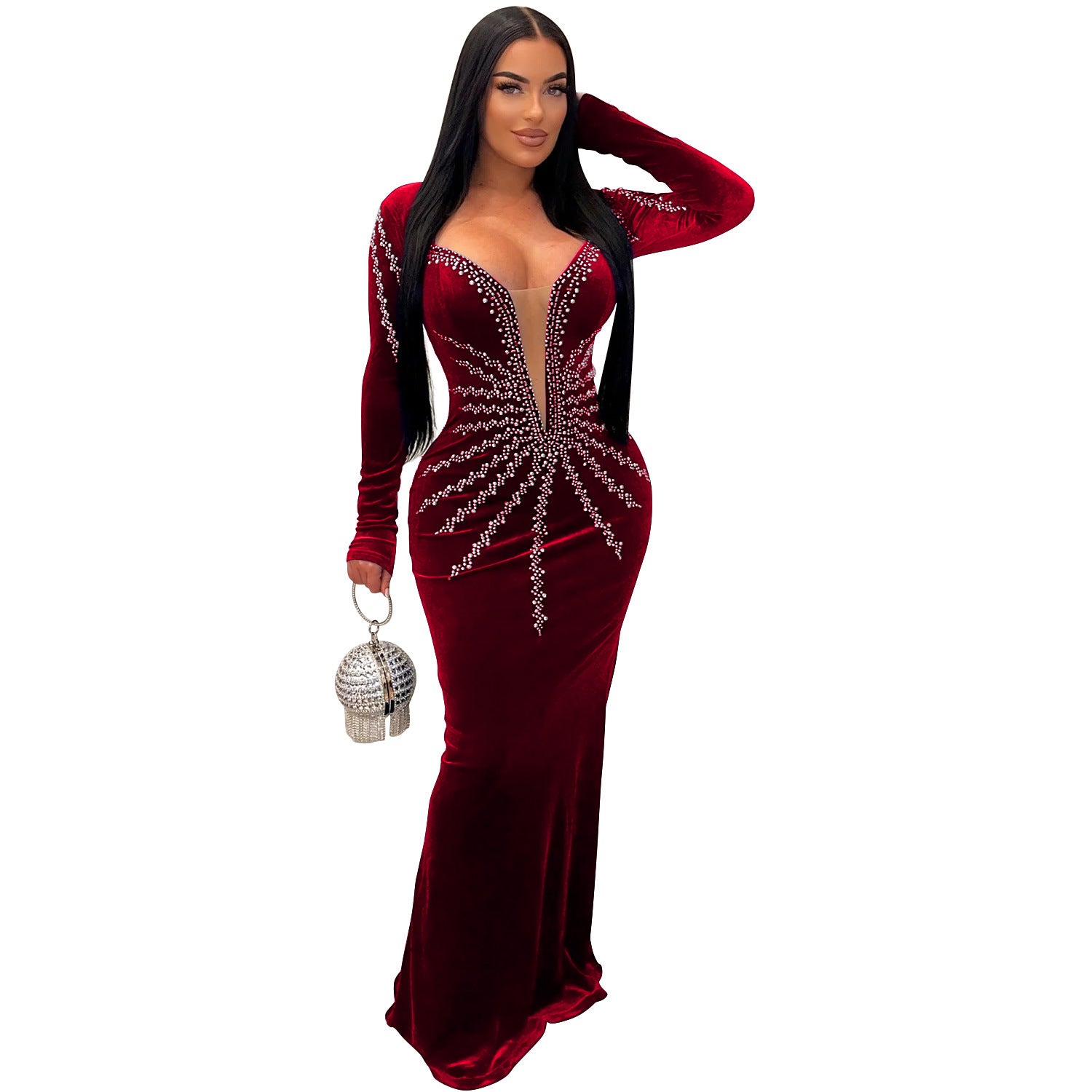 Women Solid Sexy Beaded Long Sleeve Dress 11