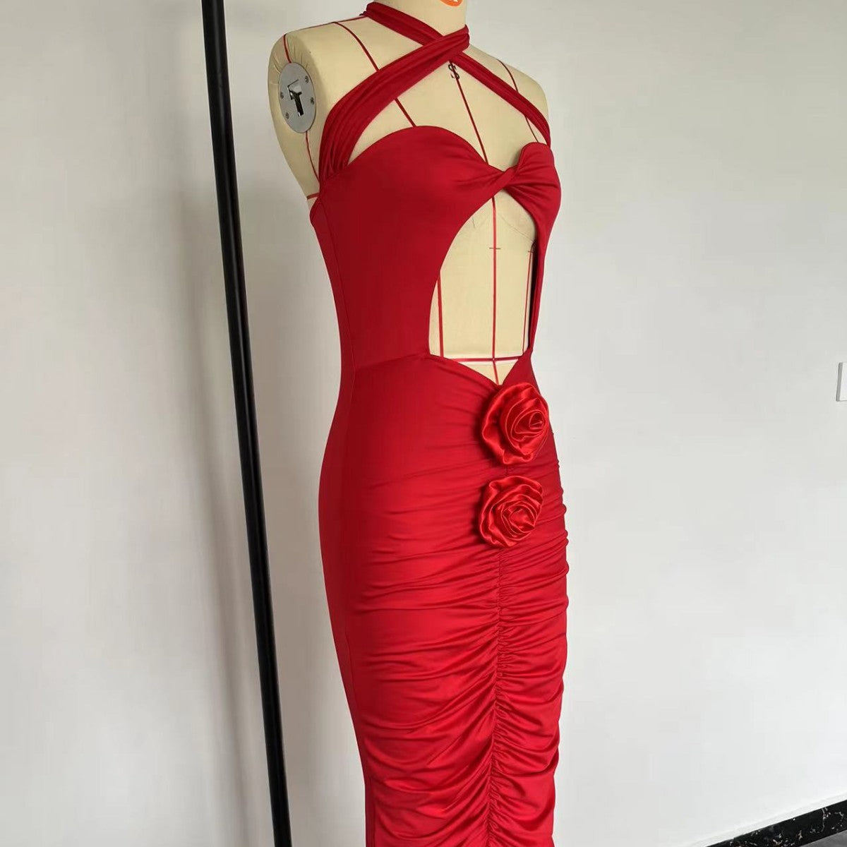 Women Flower Cross Halter Neck Hollow Sexy Plunging Pleated Dress 11