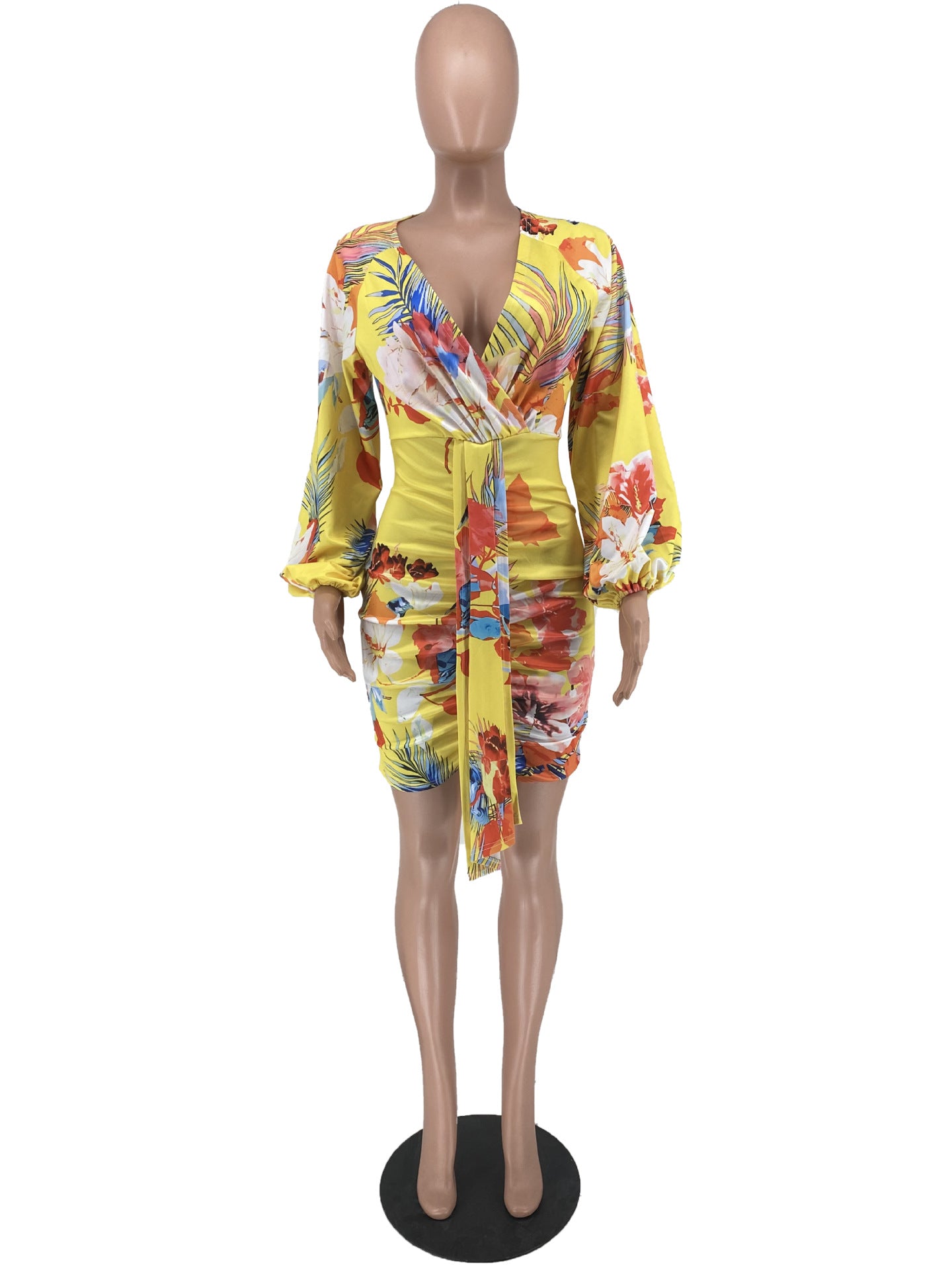 Fall V-Neck Positioning Print Long Sleeve Bodycon Dress 14