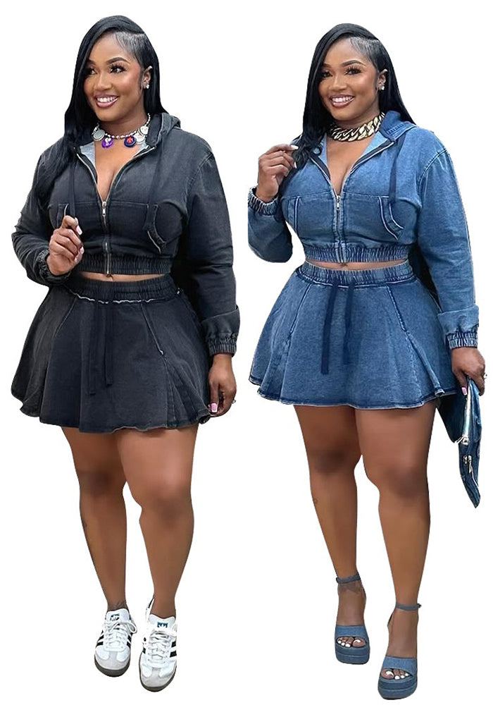 Women Casual Washed Long Sleeve Top and Denim Skirt Two-piece Set