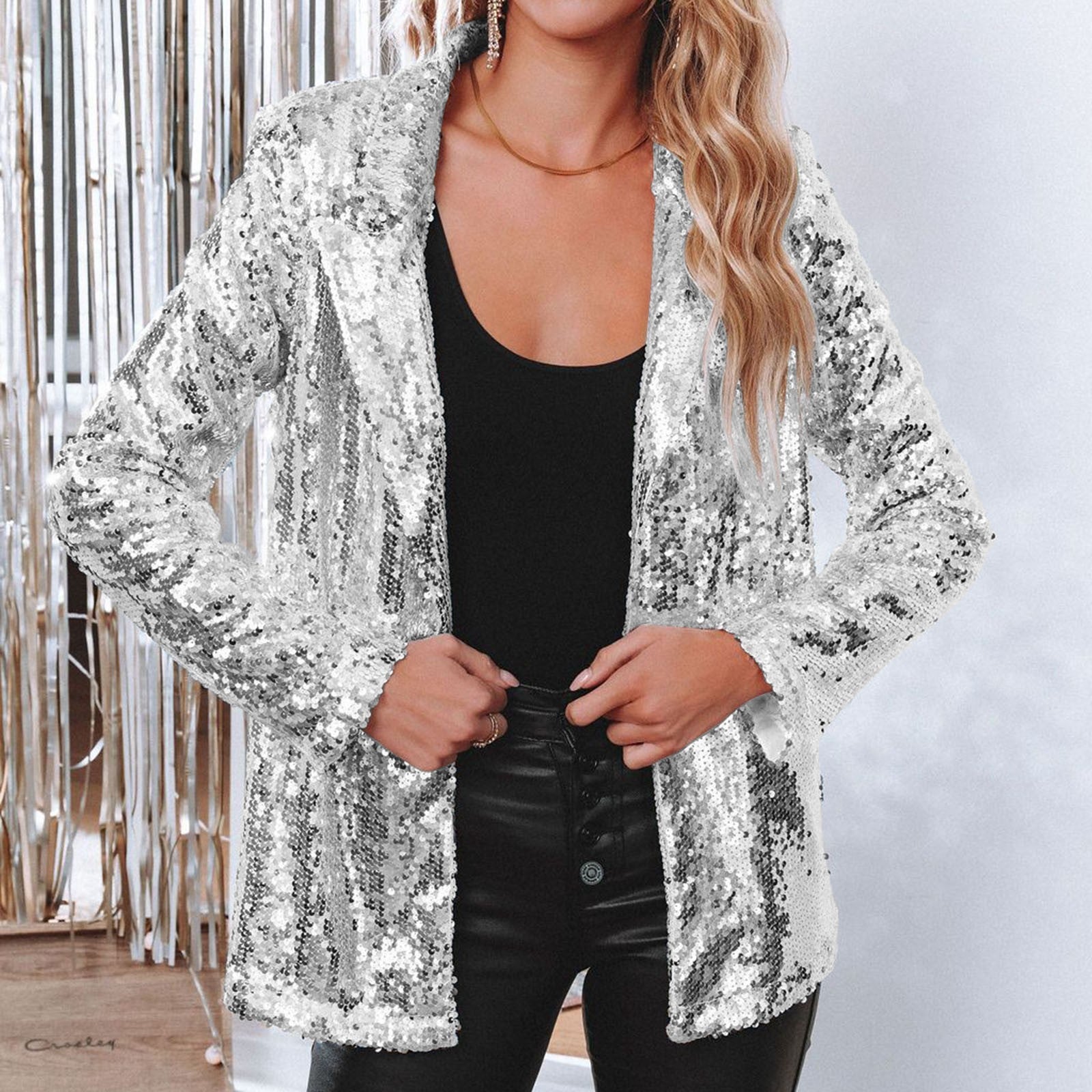 Turndown Collar long-sleeved sequined Casual blazer for women 4
