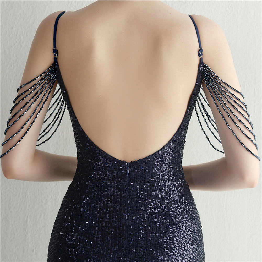 Women Straps Beaded Sequined Strap Sexy Evening Dress 30