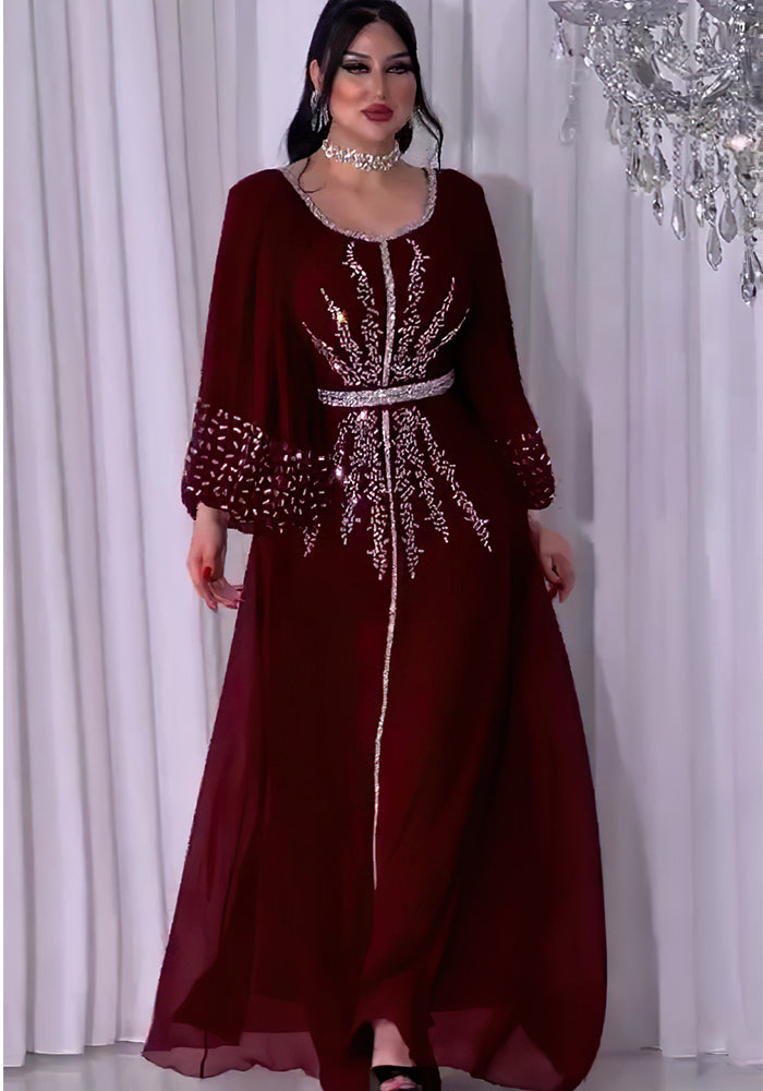 Women's Beaded Chiffon Puff Sleeve Dress With Belt