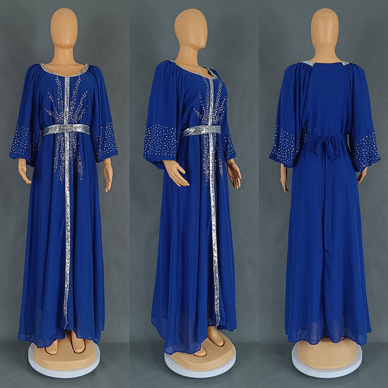 Women's Beaded Chiffon Puff Sleeve Dress With Belt 13