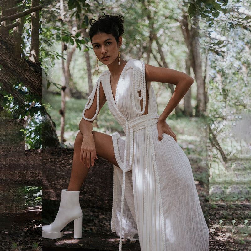 Spring Women's Tie Rope Sexy V-Neck Loose Holidays Beach Dress 9