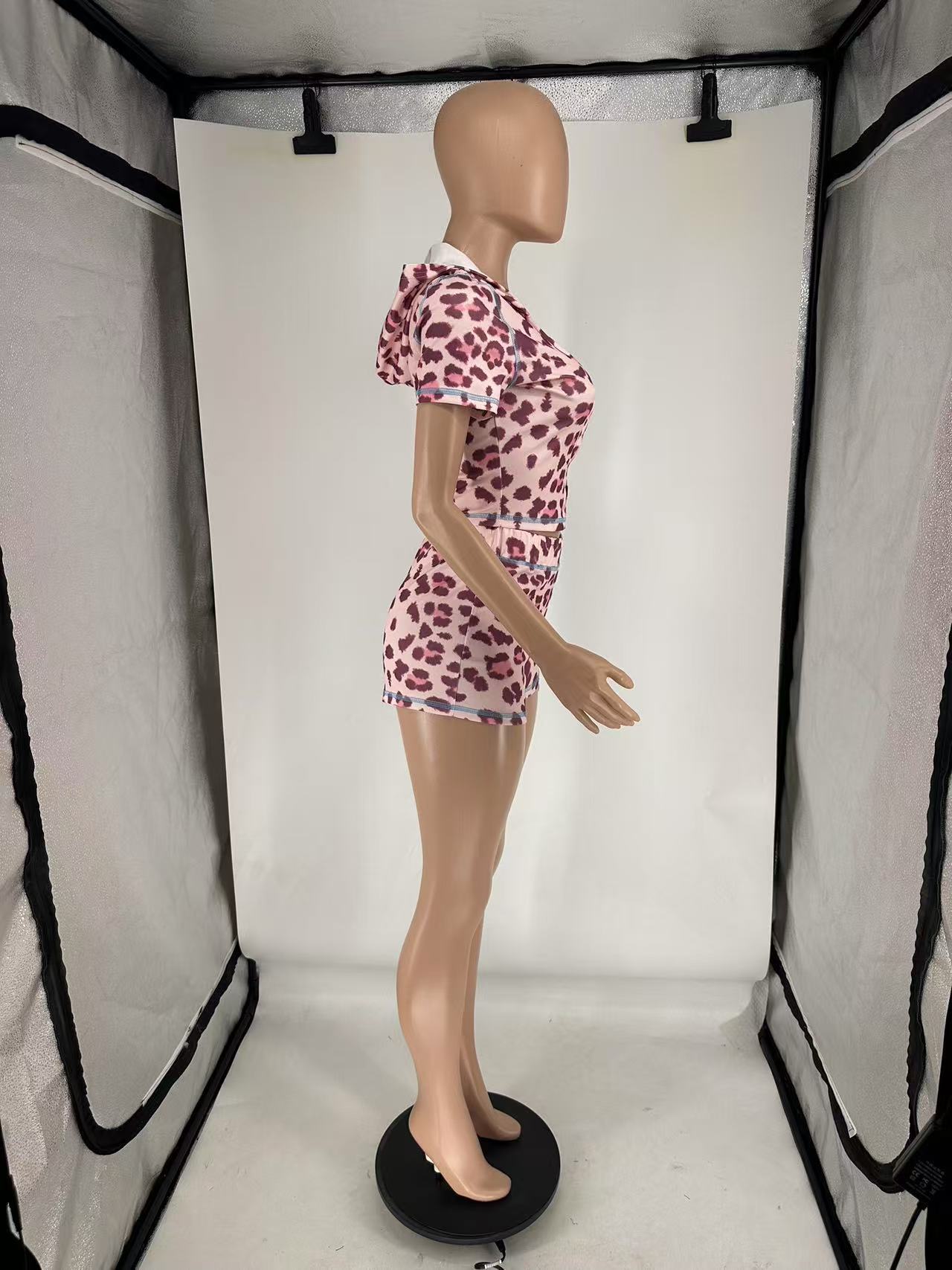 Leopard Print Zip-Up Hooded Tight-Fit Two Piece Shorts Set 13