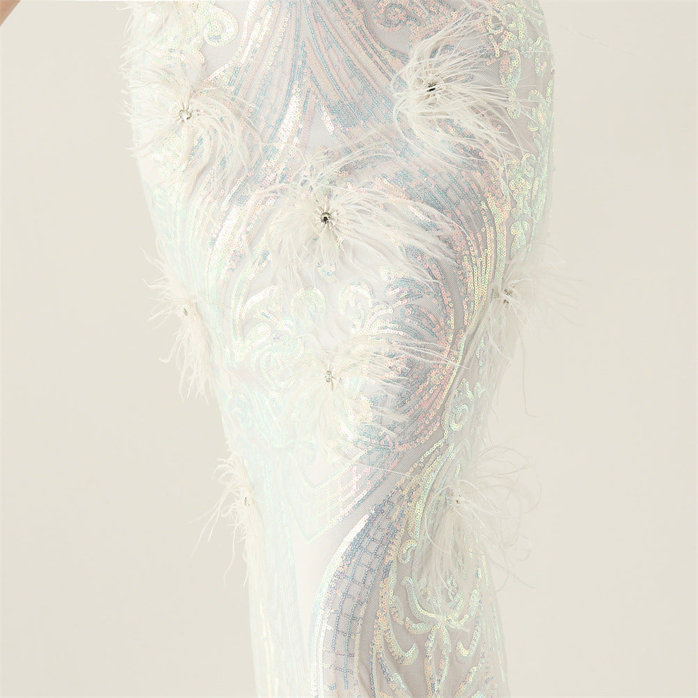 Women Beaded Feather Decoration Beaded Fishtail Evening Dress 39