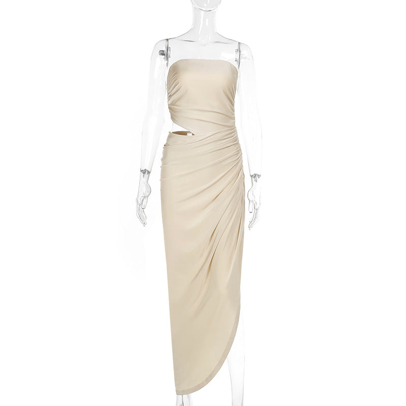 Spring Maxi Dress Chic Elegant Slim Strapless Hollow Out Ruched Dress 8