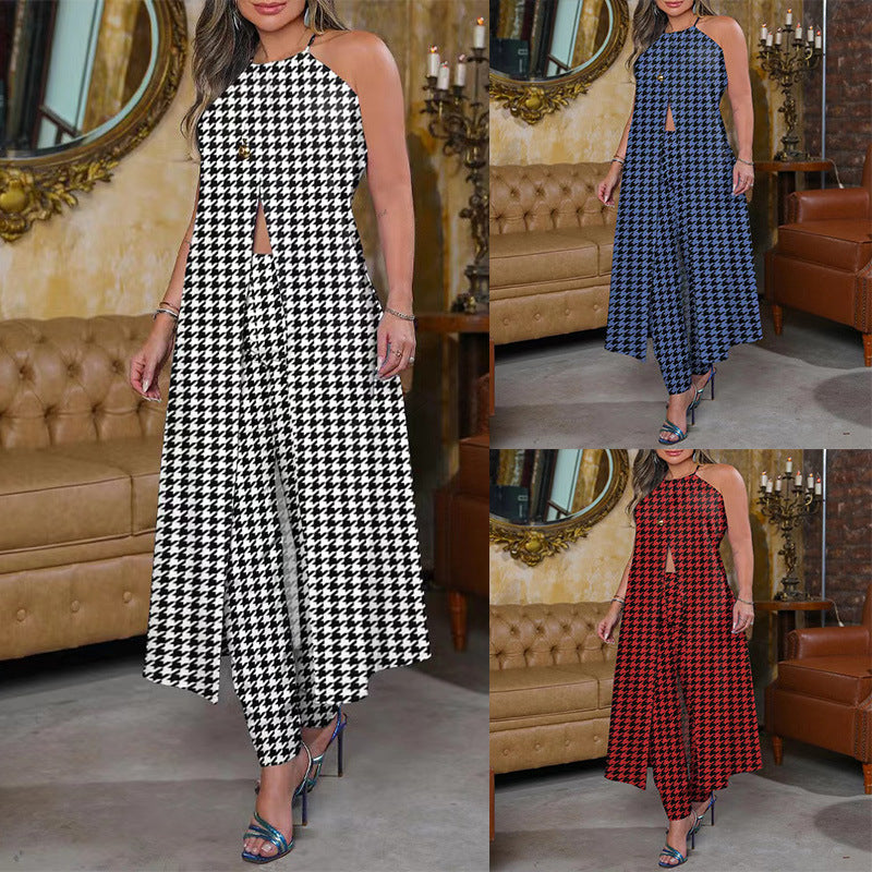 Spring And Summer Chic Halter Neck Sleeveless Houndstooth Printed Loose Top High Waist Pants Two Piece Set 23