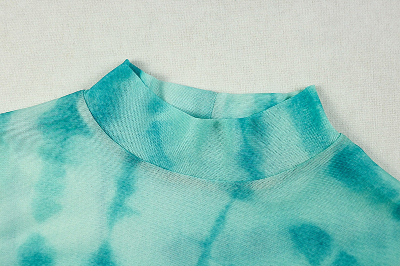 Women Printed Mesh Waist Bodycon High Neck Long Sleeve Chic Dress 11