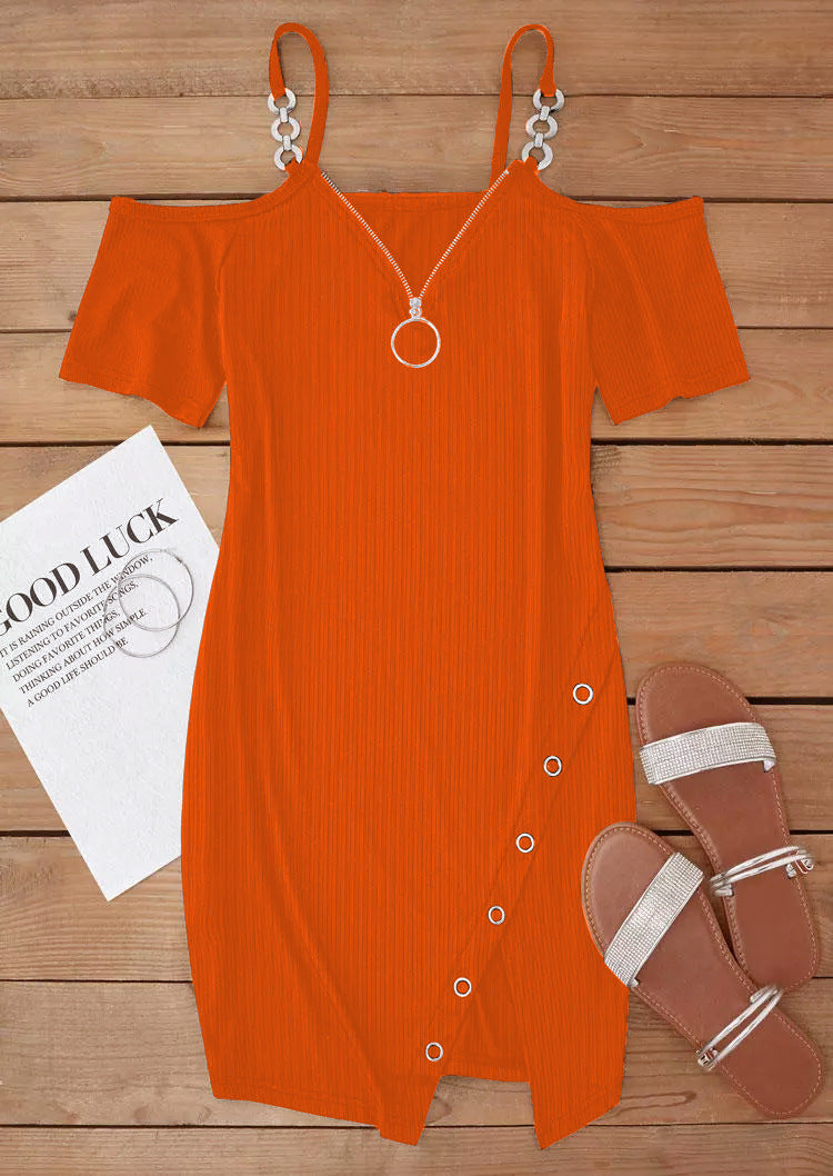 Women Fall and Winter V-neck Short Sleeve Solid Metal Slit Dress 18