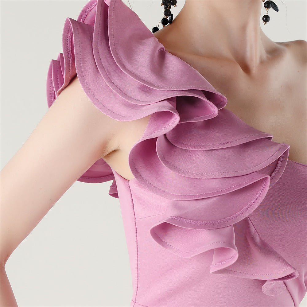 Women One-Shoulder Beaded Wool and Floral Satin Slit Sexy Evening Dress 76