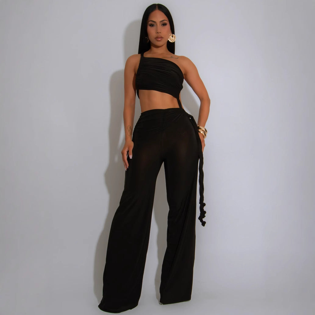 Women Halter Neck Strapless gathered tie rope wide leg jumpsuit 7