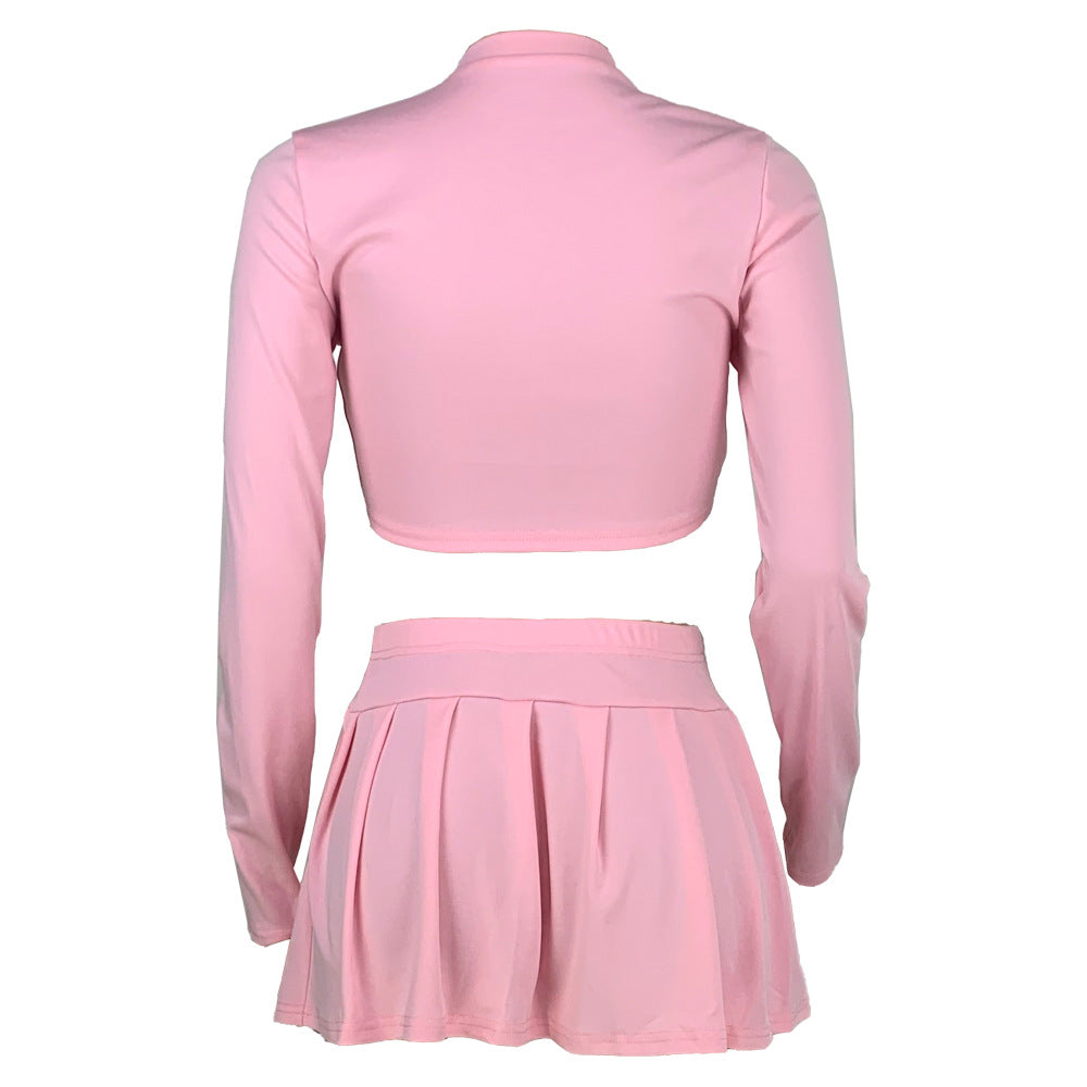 Women's fashion solid color Round Neck Crop slim long-sleeved top pleated short skirt two-piece set 17