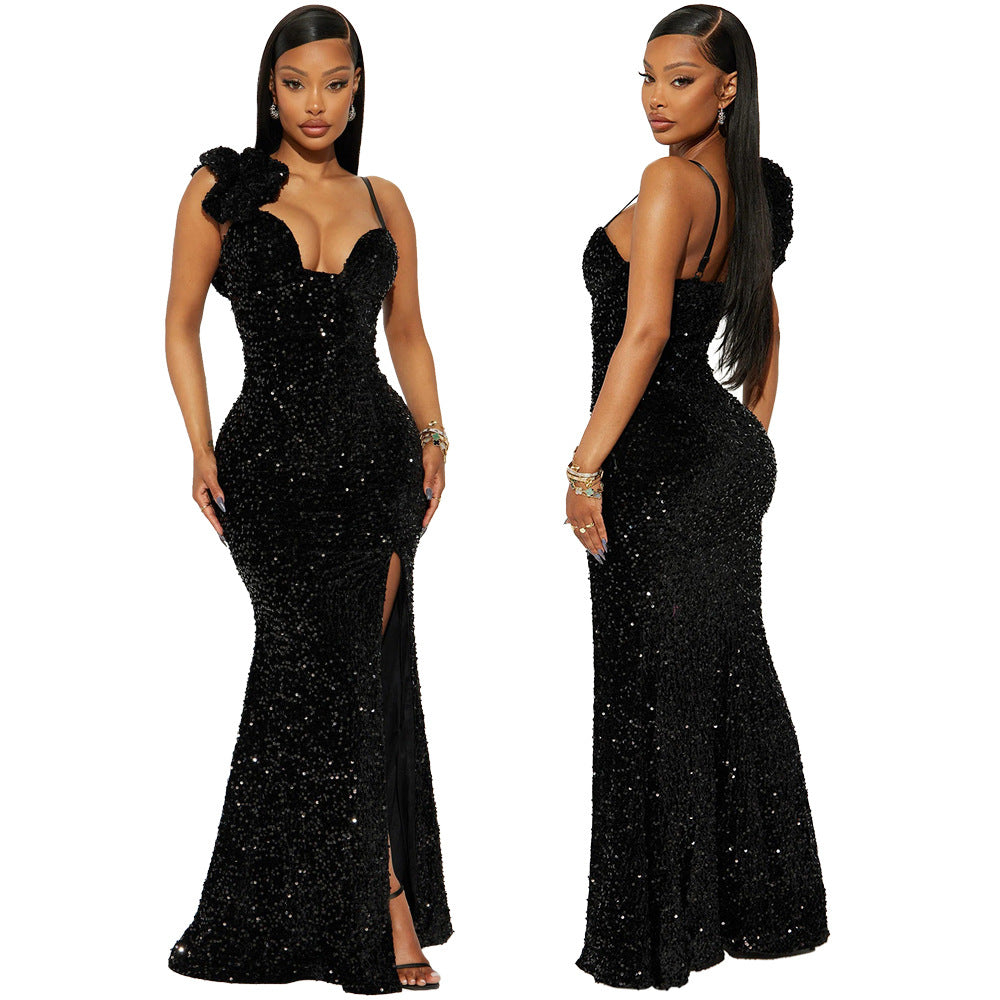 Fashion Women's Clothing Solid Color Strap Sexy Sequin Long Dress Slit Evening Dress 7