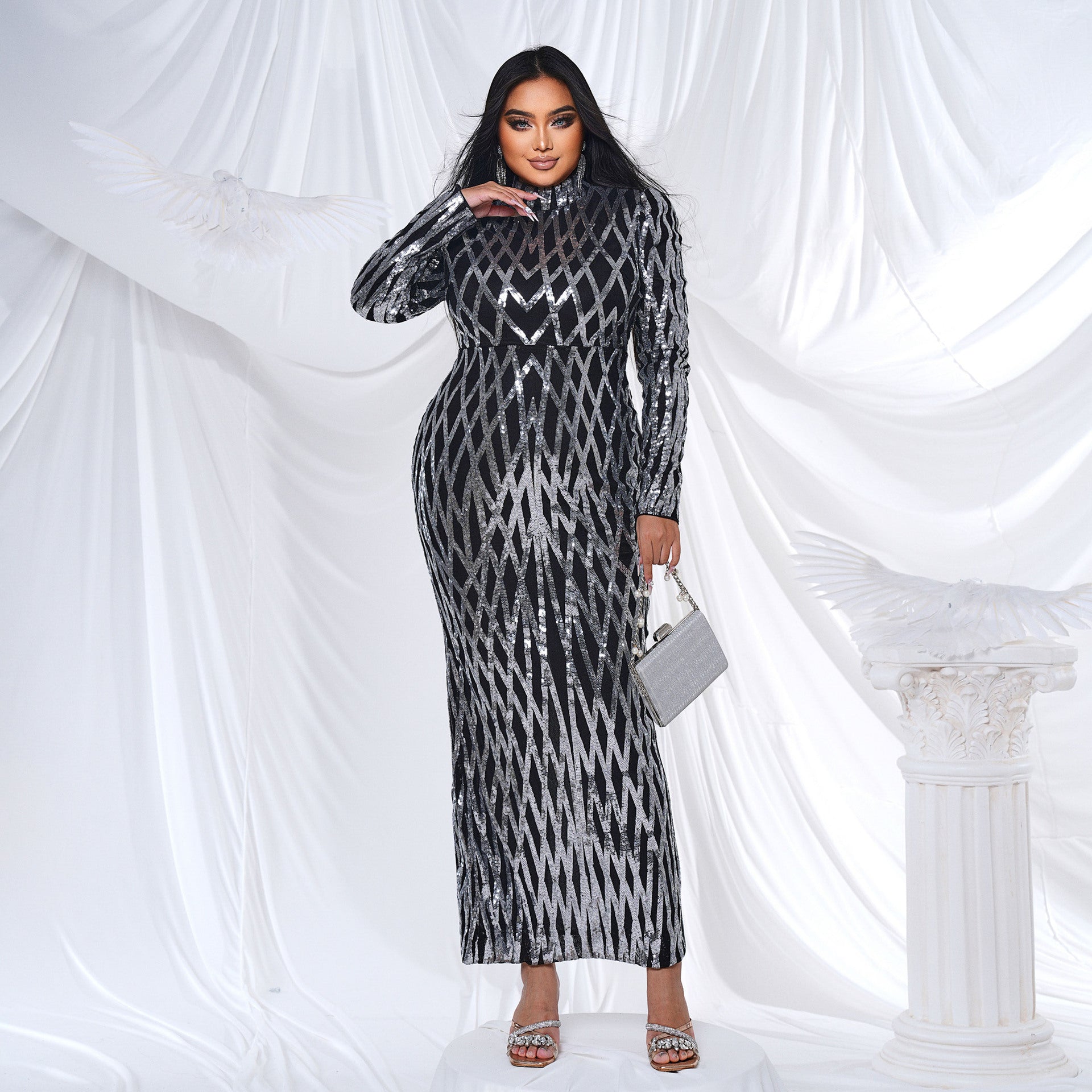 Plus Size Women Long Sleeve Round Neck Formal Party Sequined Fishtail Maxi Evening Dress 6
