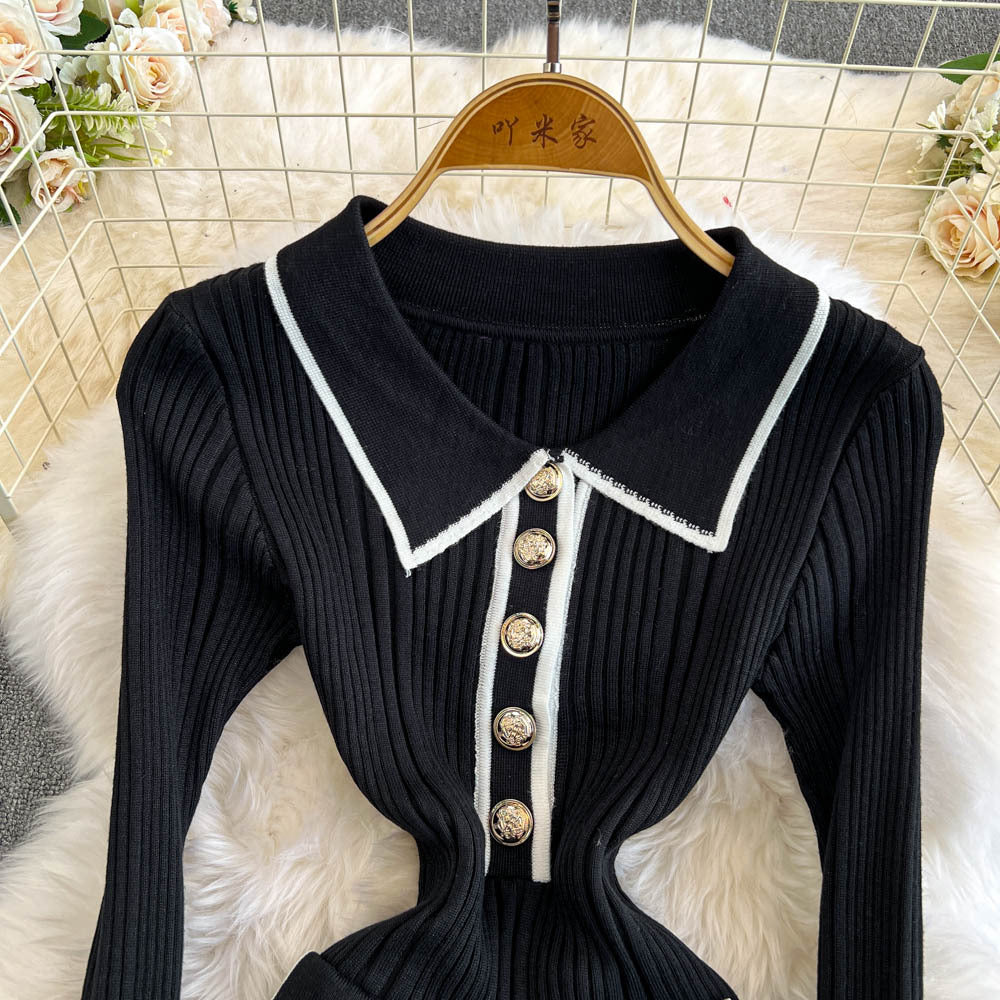 Winter Turndown Collar Knitting Dress Women Long Sleeve Fashion Chic Slim Waist Sweater Dress 21