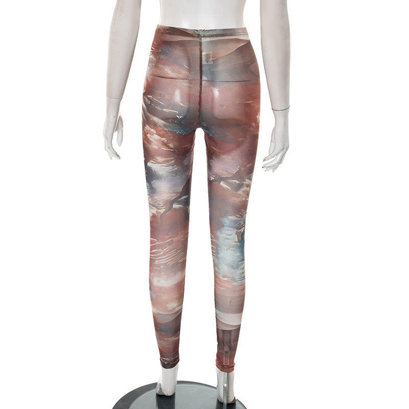 Women Spring and Summer Mesh Print See-Through Tight Pants 22