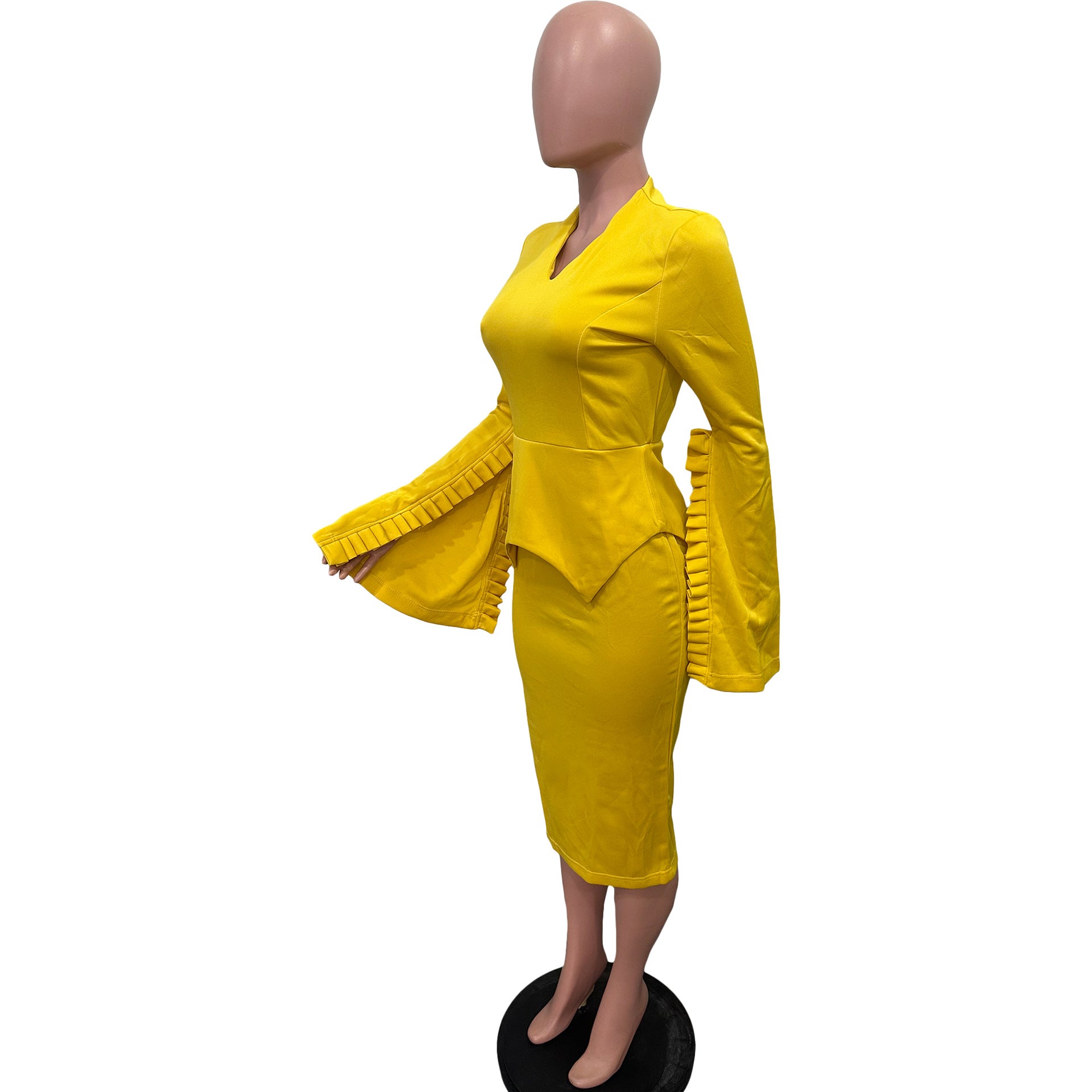 Women Solid Pleated Swing Sleeve V-Neck Dress 9