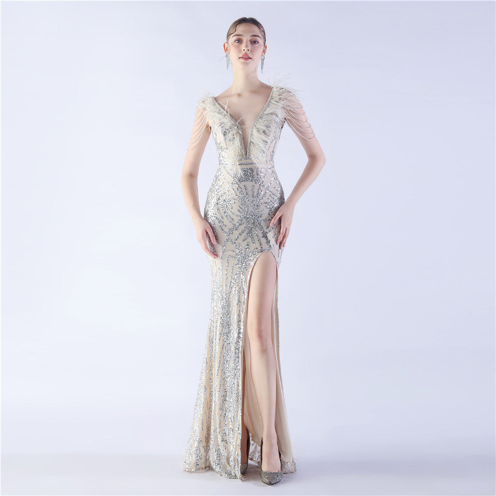 Elegant Feather And Beaded Long Sequined Evening Dress 11
