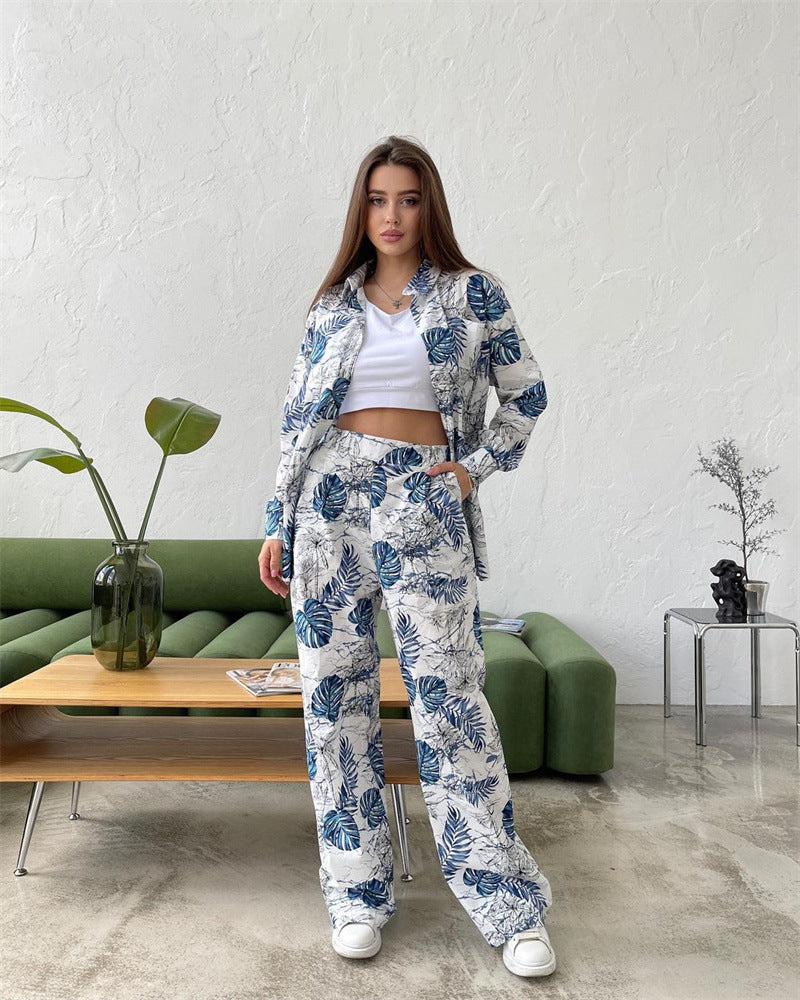 Autumn Fashion Floral Print Plus Size Loose Top High Waisted Wide Leg Pants Women Casual Suit 4