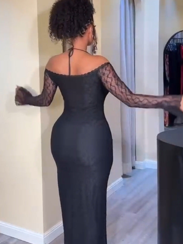 Cut-Out Lace Sexy Long Sleeve Off-Shoulder Halter Neck Maxi Dress 6