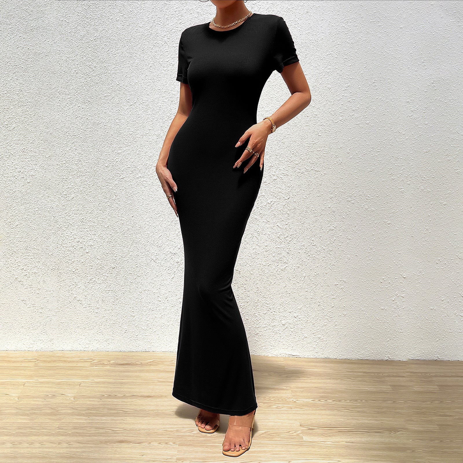 Women Elegant Solid Round Neck Short Sleeve Dress 9