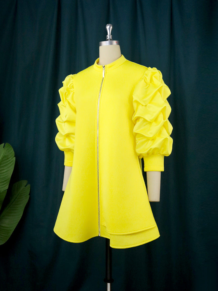 Plus Size Women's Career Stand Collar Pleated Sleeve A-Line Dresses 5