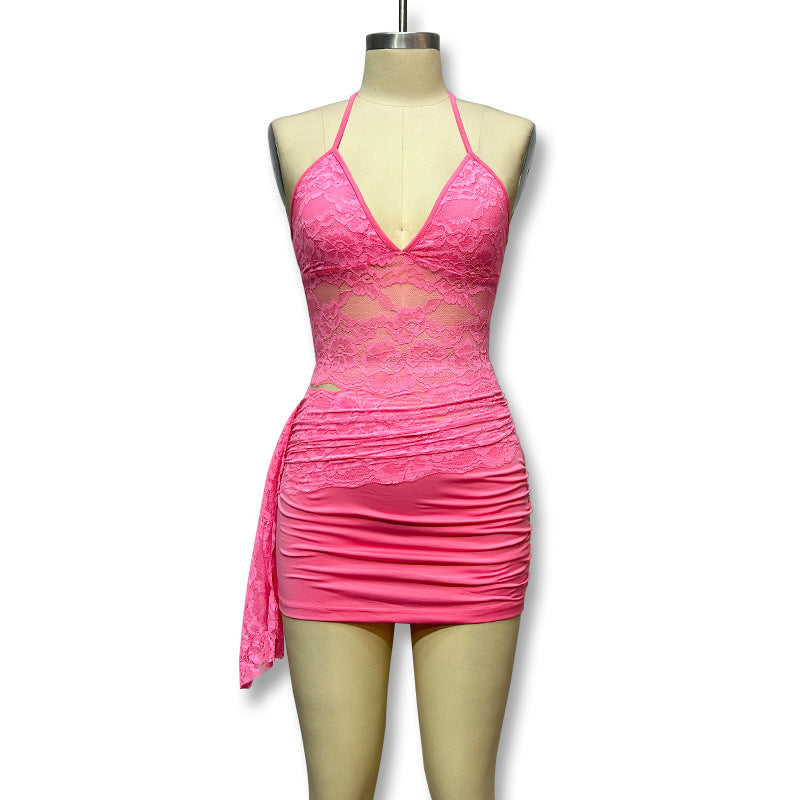 Sexy See-Through Camisole Hollow Lace Patchwork Bodycon Mini Skirt Women's Two Piece Set 14