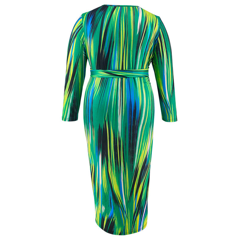 Plus Size Women's Round Neck Long Sleeve Irregular Striped Long Dress 7