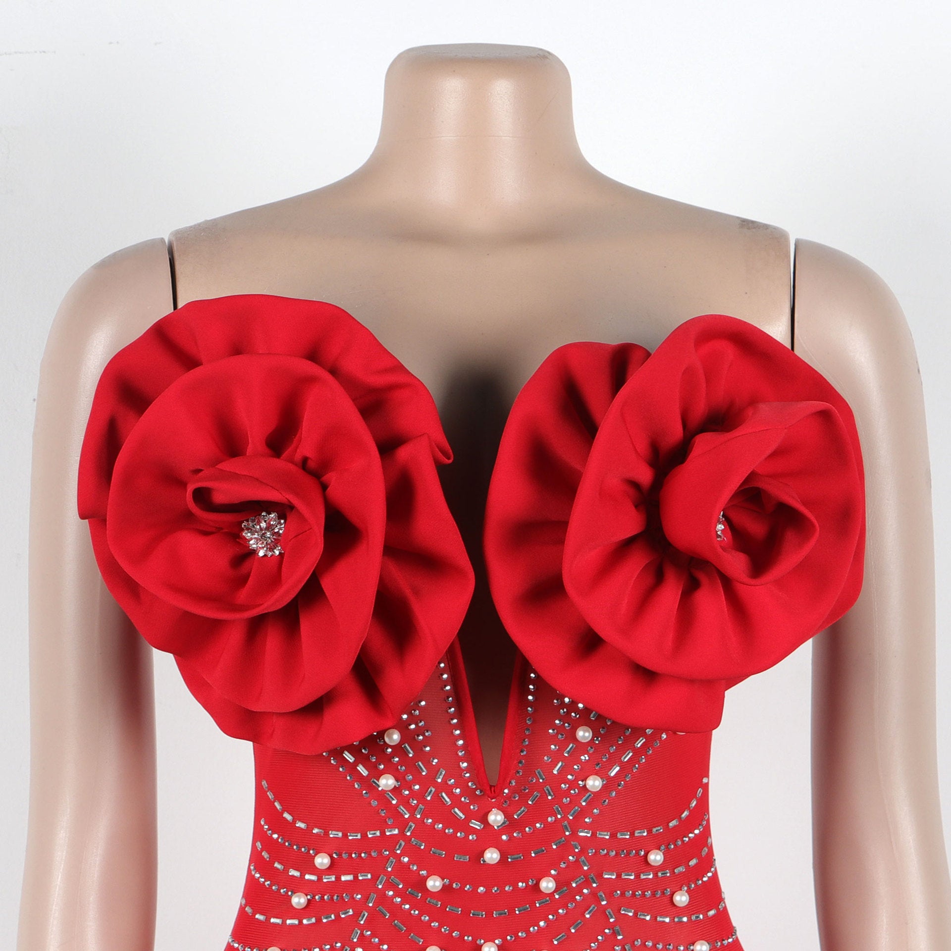 Women Sexy Beaded Pearl V Neck Flower Dress 7