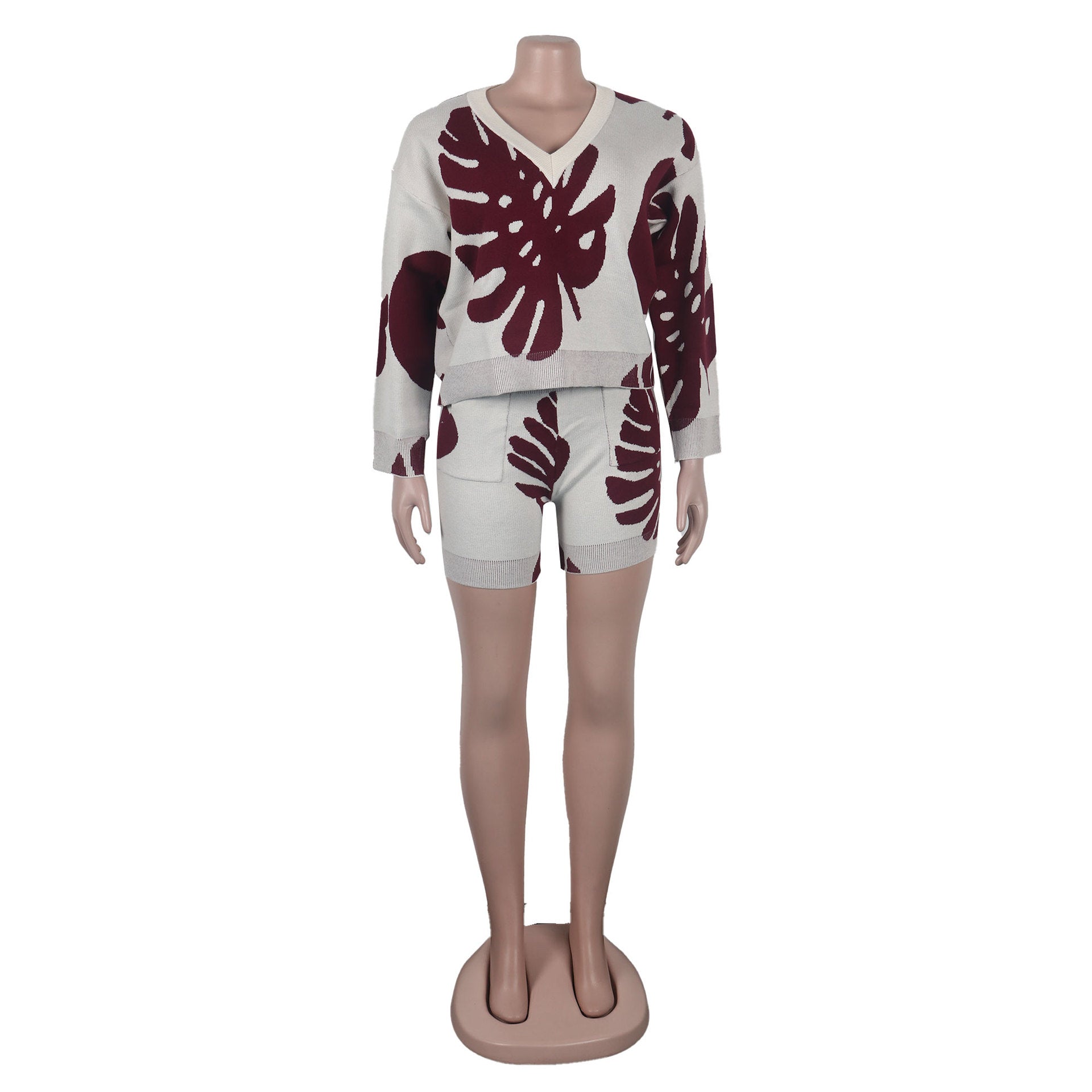 Sexy Leaf V-Neck Pullover Long-Sleeved Sweater Two-Piece Set 27