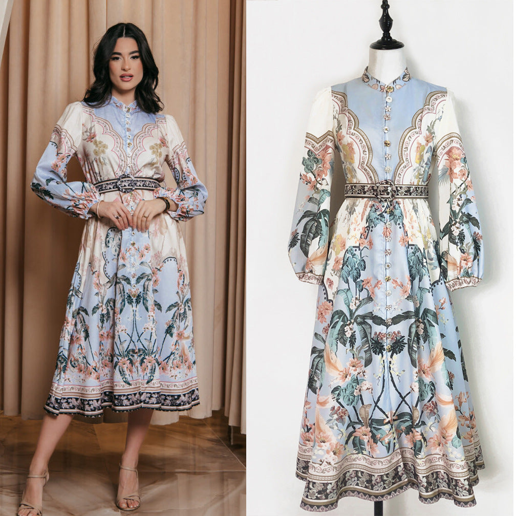 Elegant Print Row Jewelry Button Floral Lantern Sleeve Midi Dress with Belt