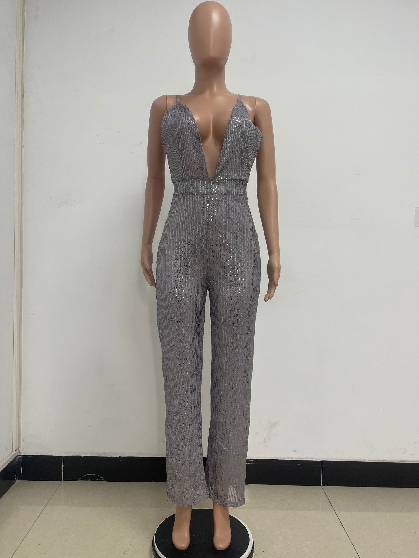 Deep V Neck Low Back Sleeveless Chic Sequined Straps Elegant Women's Party Jumpsuit 122