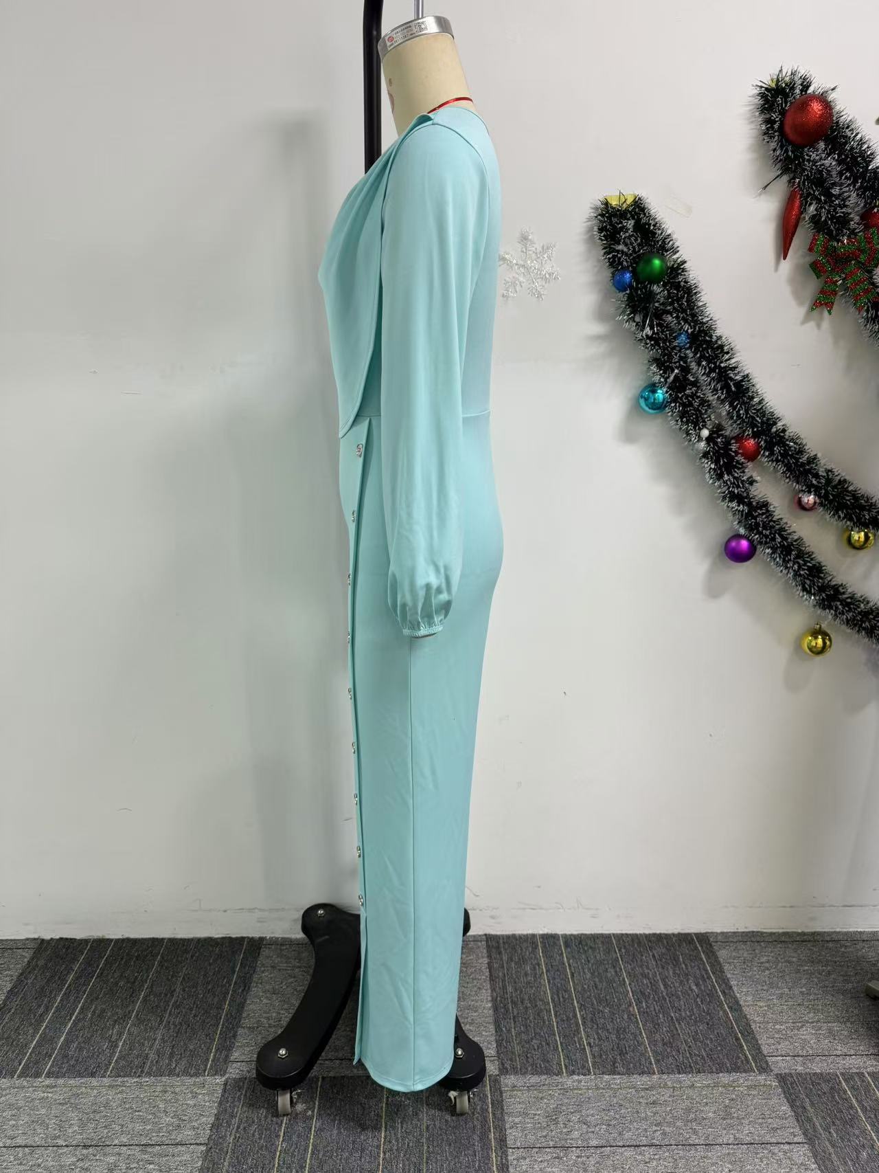 Sexy Lantern Sleeve Slim Waist Button Decoration Wide Leg Jumpsuit 7