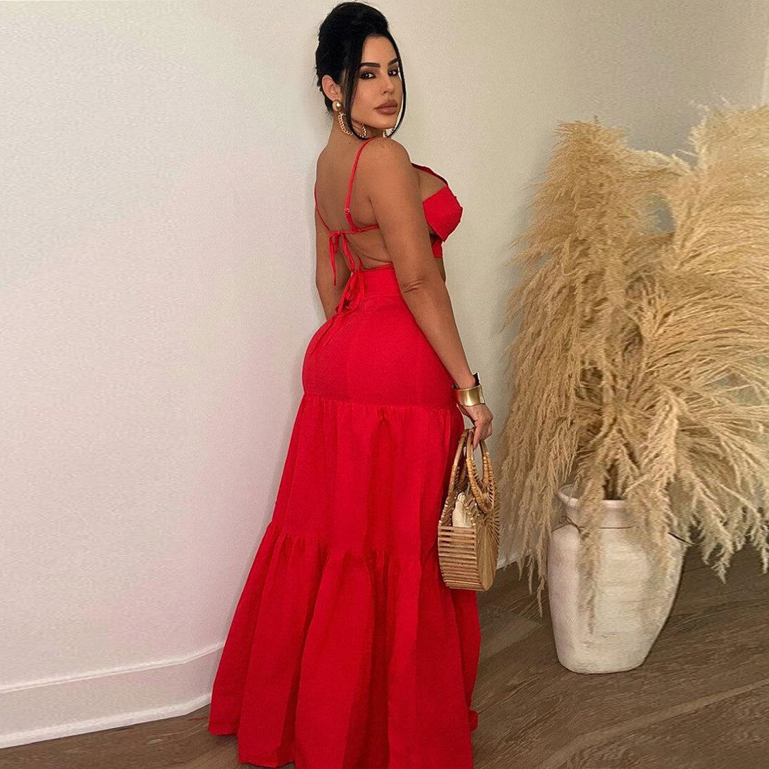 Women Sexy Solid Crop Top and Belt Skirt Two-Piece Set 6