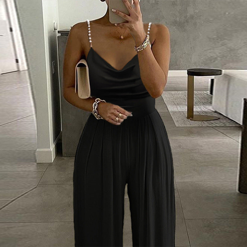 Sexy V-Neck Low Back Pearl Straps Wide Leg Sleeveless Wide Leg Trousers Jumpsuit 5