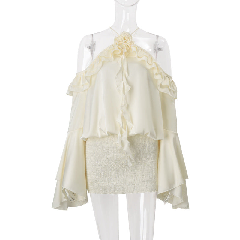 Women autumn sexy French off-shoulder ruffled Bell Bottom sleeve dress 5