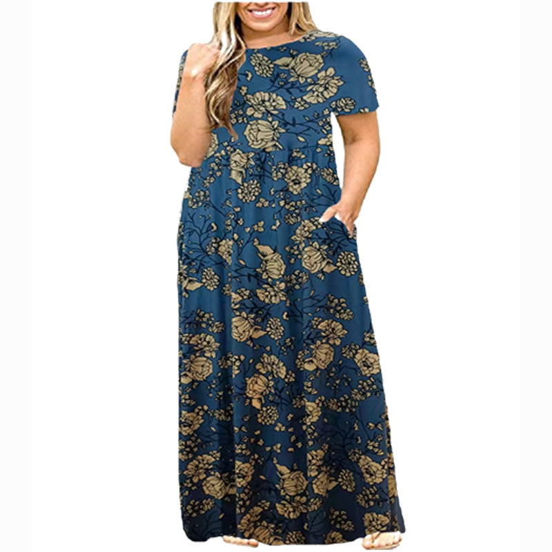 Summer Women's Short Sleeve Round Neck Solid Plus Size Dress Print Maxi Dress 11