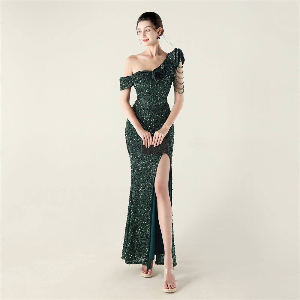 Women one-shoulder pleated ruffled beaded chain sequined Formal Party evening dress