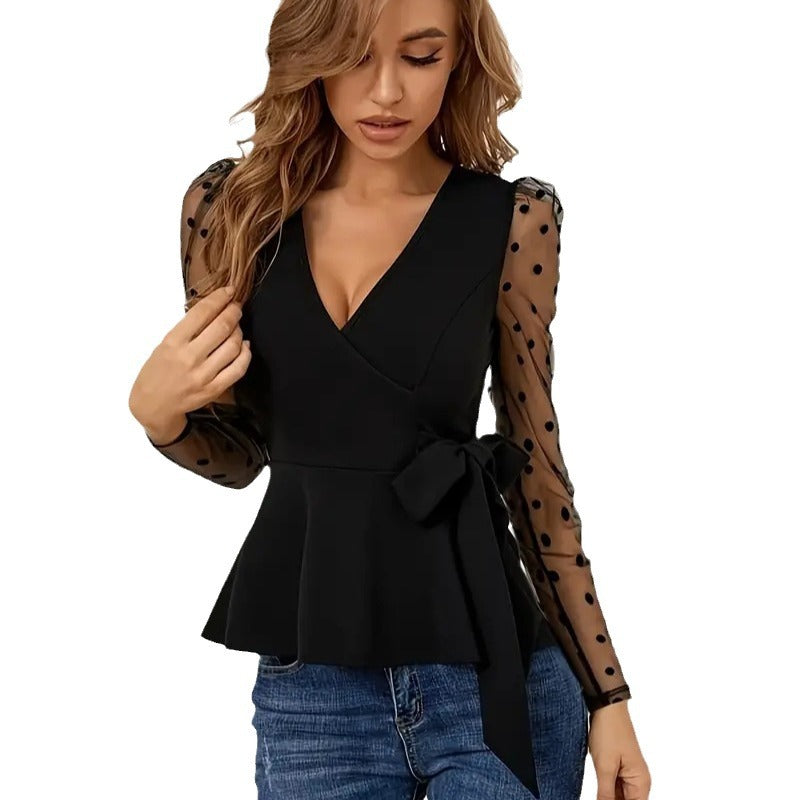 Women mesh patchwork V-neck long-sleeved lace shirt 6