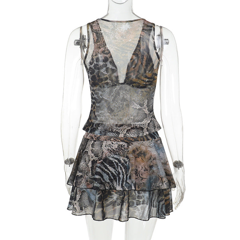 Women Holidays Patchwork Ruffle Edge Irregular V Neck Sexy Halter Neck Top and Skirt Two-piece Set 5