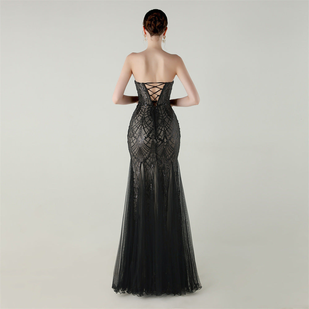 Women Strapless cross Lace-Up sequined tube flower sequined mesh evening dress Formal Party evening dress 102