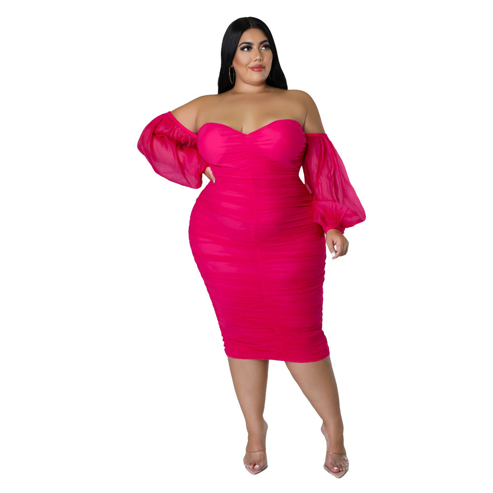 Plus Size Women Fall Mesh Pleated Long Sleeve Dress 10