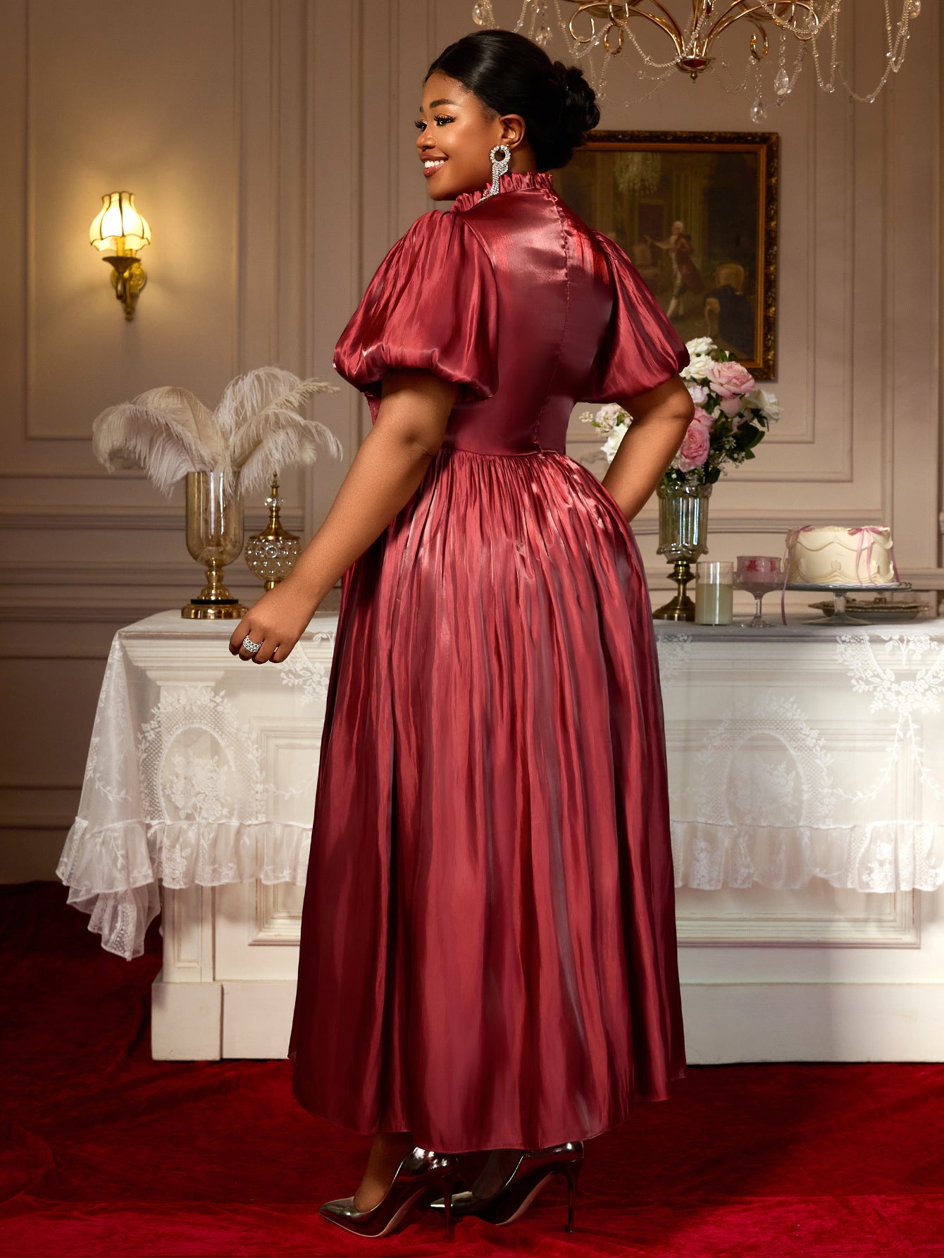 Plus-Size Women Lantern Puff Sleeve Ruffle Belted Sequined Formal Party Dress 8