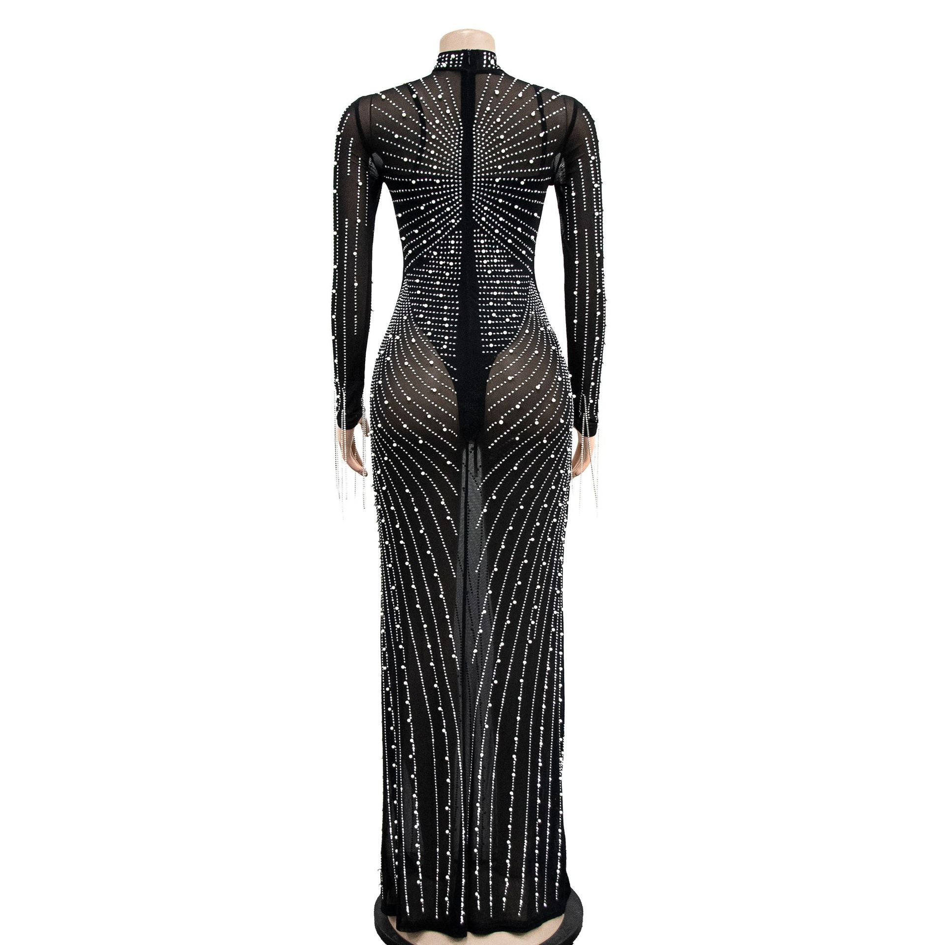 Women Mesh See-Through Beaded Long Sleeve Maxi Dress Set 26