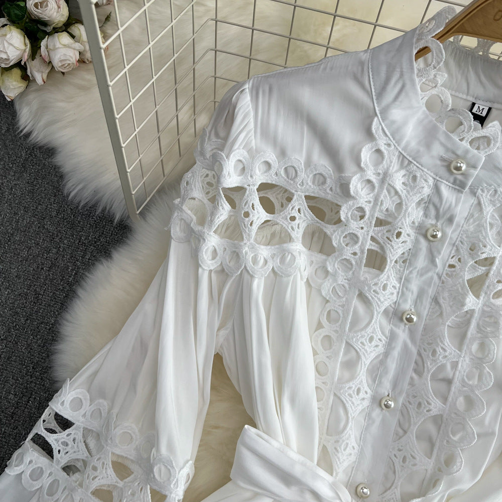 Lantern Sleeve Stand Collar Smocked Waist Button-Front Elegant Gown 7