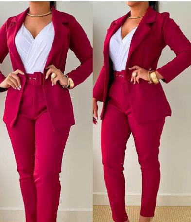 Women Printed Casual Blazer and Pant Two-Piece Set with Belt 6