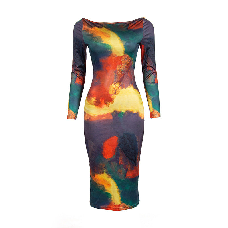 Women Fall Off Shoulder Long Sleeve Print Dress 6